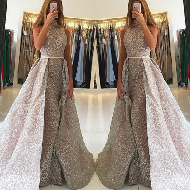 Gorgeous High Neck Sequins Mermaid Prom Dress With Detachable Train