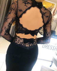 Black Square Neckline Long Sleeve Appliques Lace Backless Mermaid Prom Dress