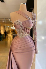 Long Mermaid One Shoulder Satin Appliques Lace Fromal Prom Dresses with Sleeves