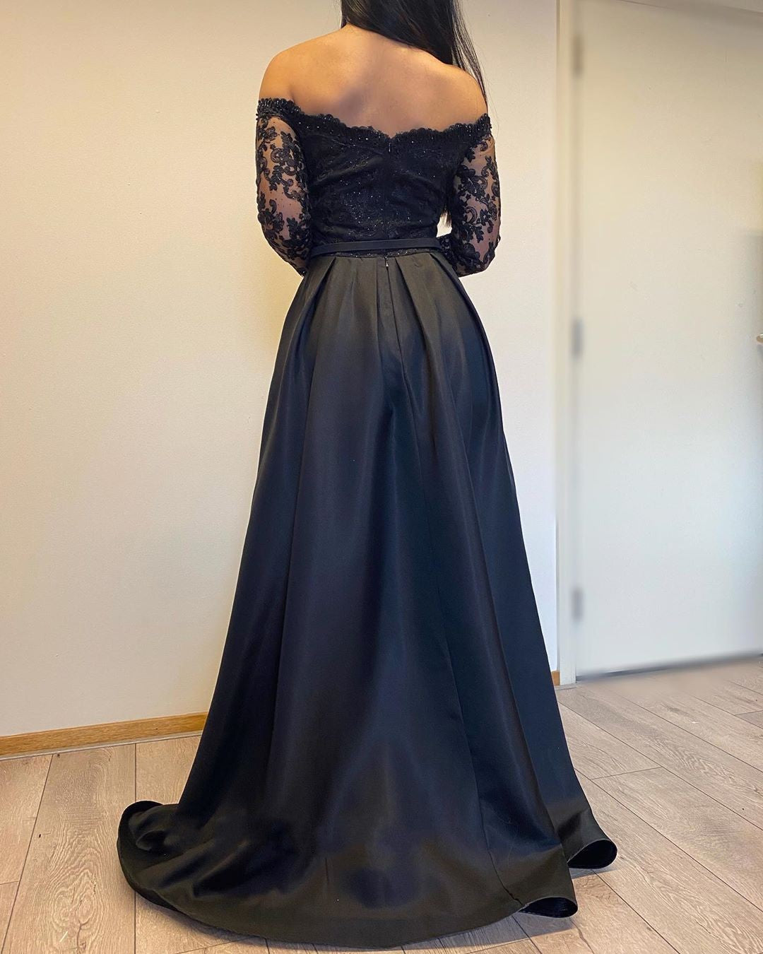 Long A-line Off the Shoulder Lace Detachable Black Formal Dress with Sleeves