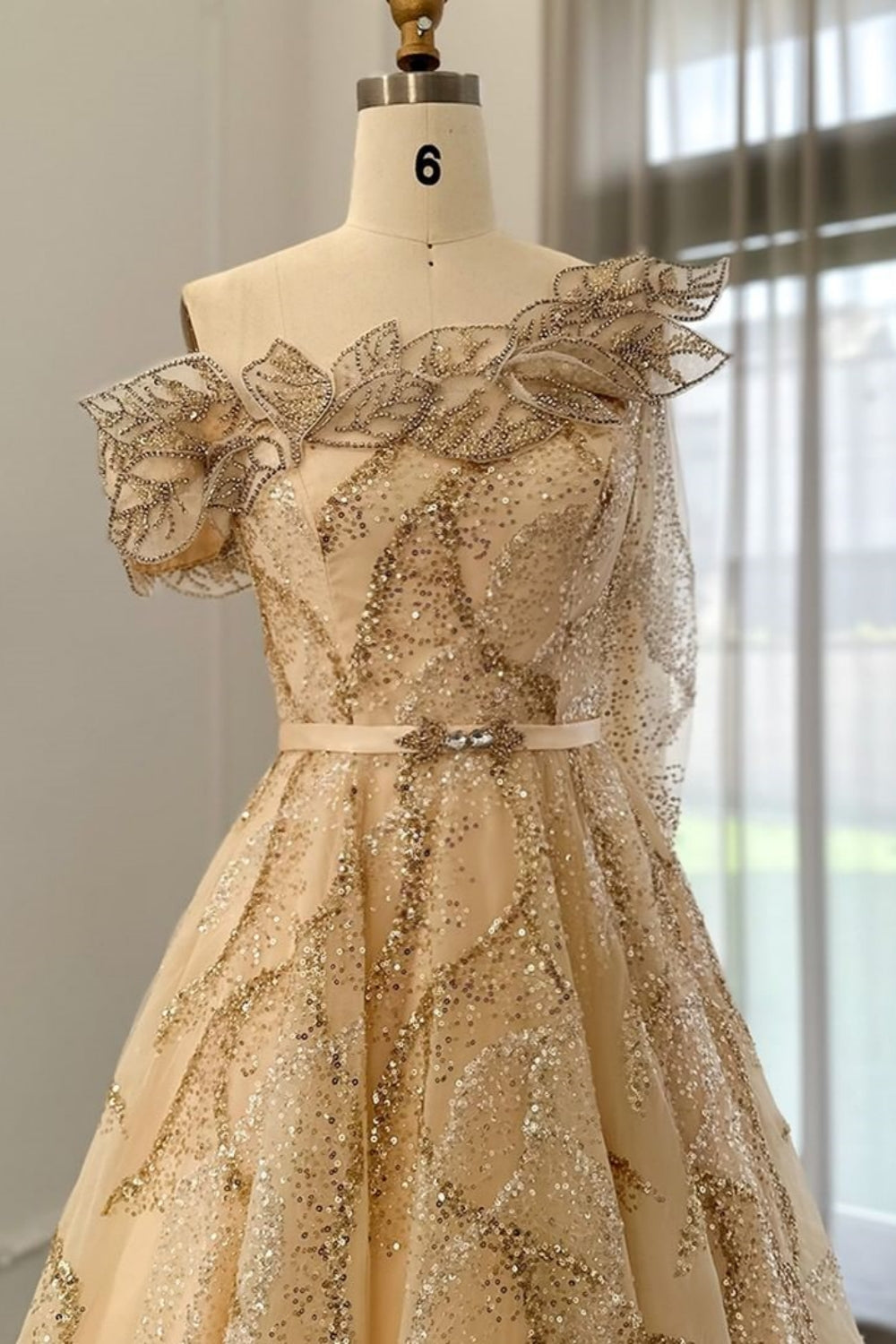 Luxury Long A-line One Shoulder Shiny Sequins Formal Prom Dress with Sash