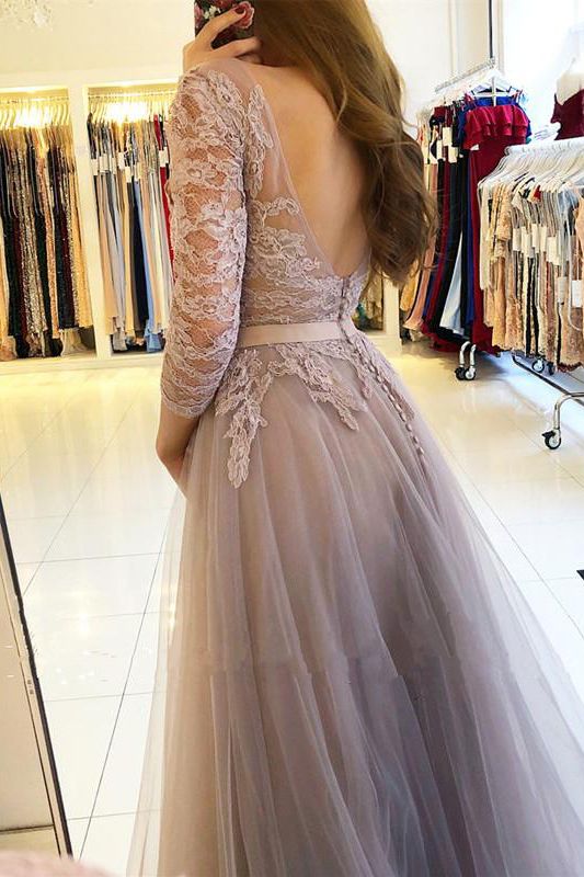 Chic Long Sleeve Lace A-Line Tulle Floor Length Prom Dress With Side Slit