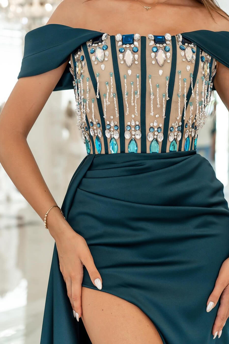 Off The Shoulder Mermaid Long Satin Prom Dress with Split Front