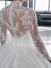 Long Ball Gown High Neck Court Train Tulle Wedding Dresses with Sleeves