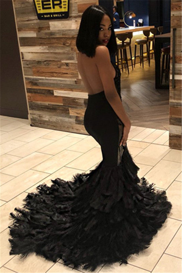 Black Long Mermaid Halter Tulle Appliques Lace Prom Dress