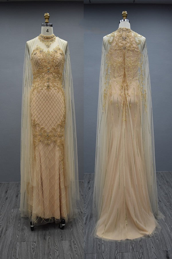 Elegant Long Mermaid High Neck Tulle Beading Formal Evening Dresses