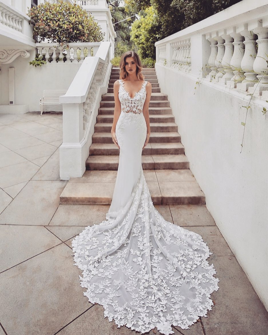 Gorgeous Long Mermaid V-neck Lace Chiffon Wedding Dress