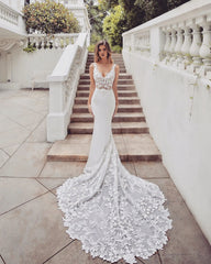 Gorgeous Long Mermaid V-neck Lace Chiffon Wedding Dress