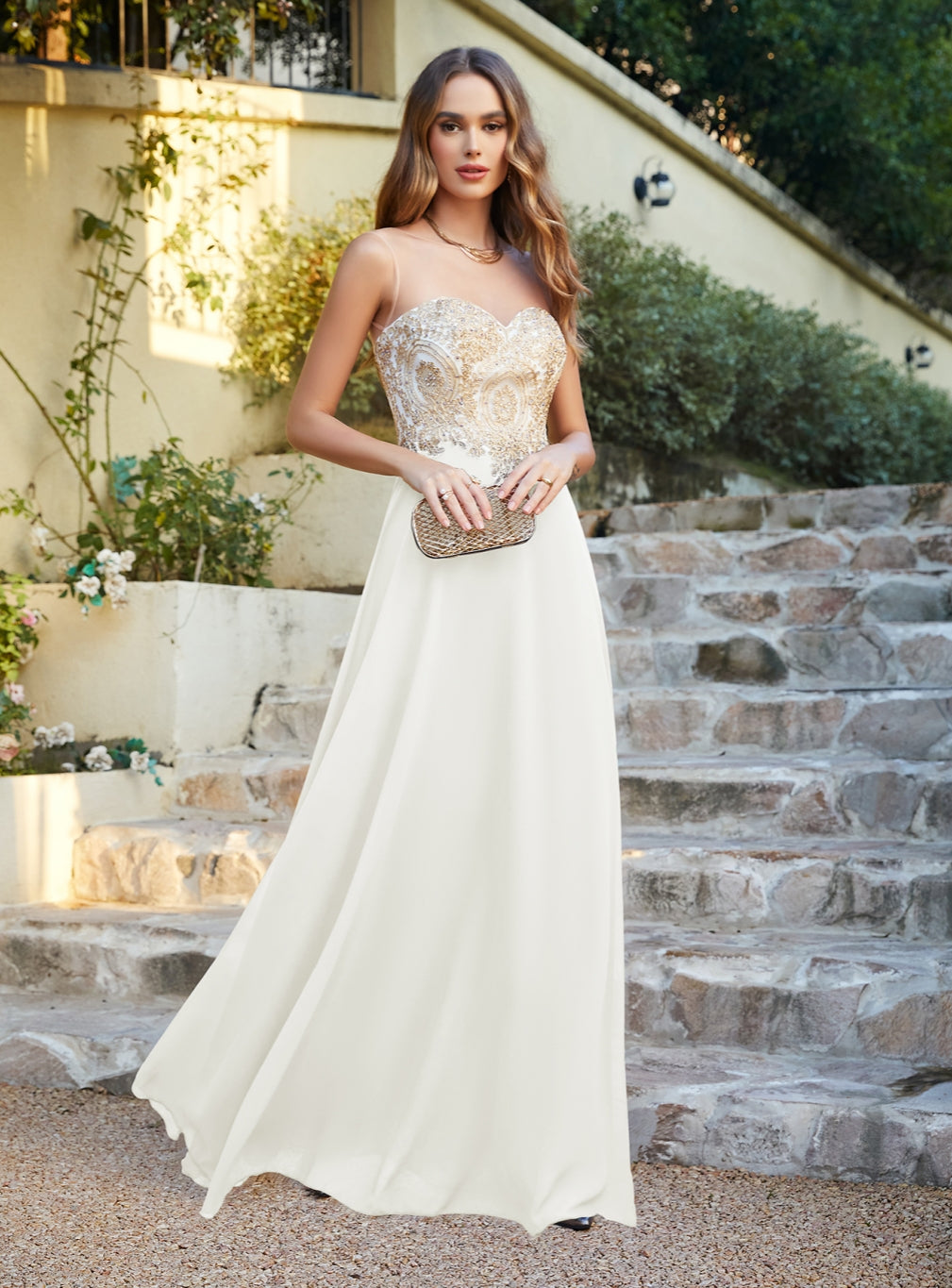 Gorgeous Long A-line Chiffon Lace Sleeveless Formal Evening Dresses
