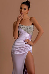 Long Mermaid Satin Strapless Split Front Prom Dress with Beads