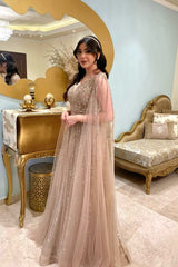 A-line V-Neck Long Sleeve Sequined Tulle Formal Evening Dresses