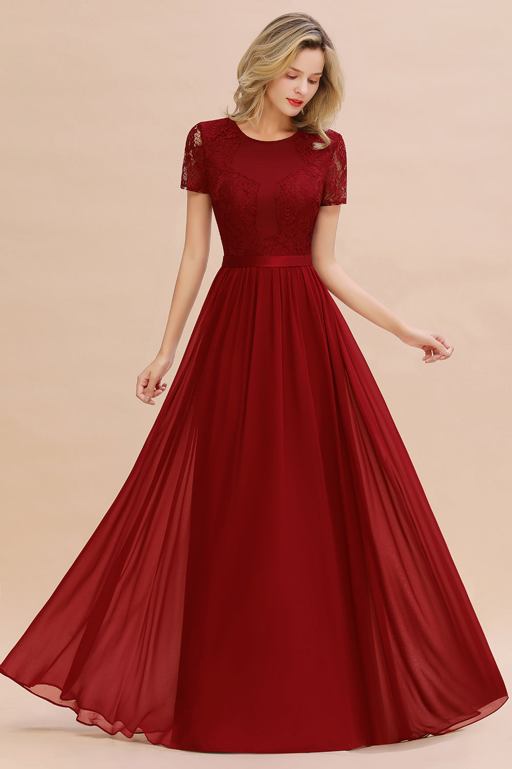 Chiffon Lace Scoop Short Sleeve Bridesmaid Dress