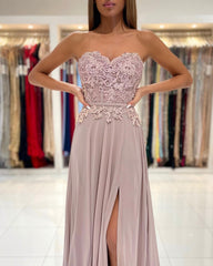 Long A-Line Sweetheart Appliques Lace Chiffon Prom Dress With Side Slit