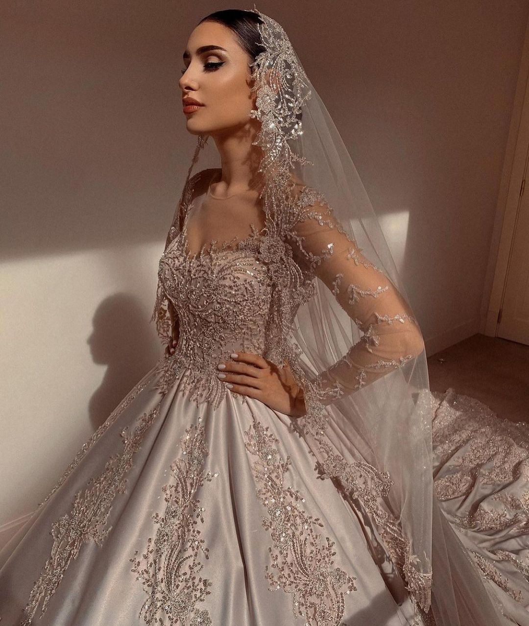 Gorgeous Sweetheart Long Sleeve Beading Satin Ball Gown Wedding Dress