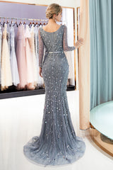 Long V-neck Tulle Mermaid Tulle Formal Evening Dress with Sleeves
