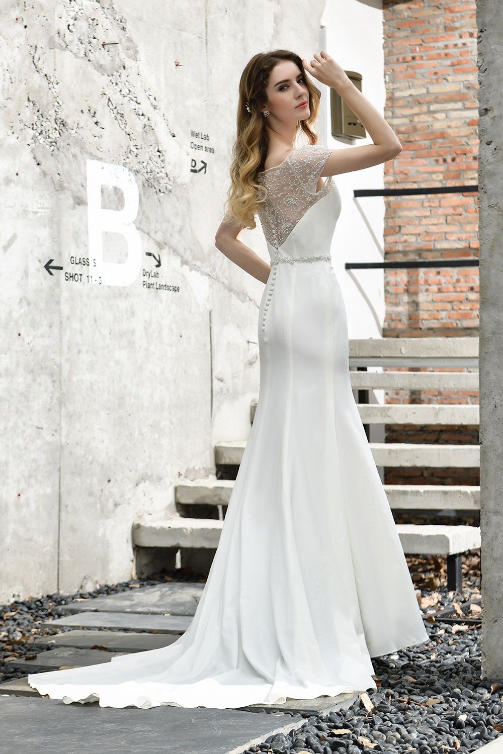 Long Mermaid Satin Belt Lace White Dresses with Short Sleeves