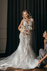 Elegant Long Mermaid Jewel Tulle Lace Wedding Dress