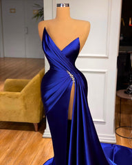 Long Mermaid Royal Blue V-neck Sleeveless Prom Dress With Split