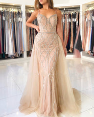 Long Spaghetti Straps Sweetheart Beading Mermaid Prom Dress With Tulle Train