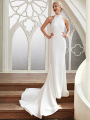 Elegant Long Mermaid High Neck Chiffon White Backless Wedding Dresses