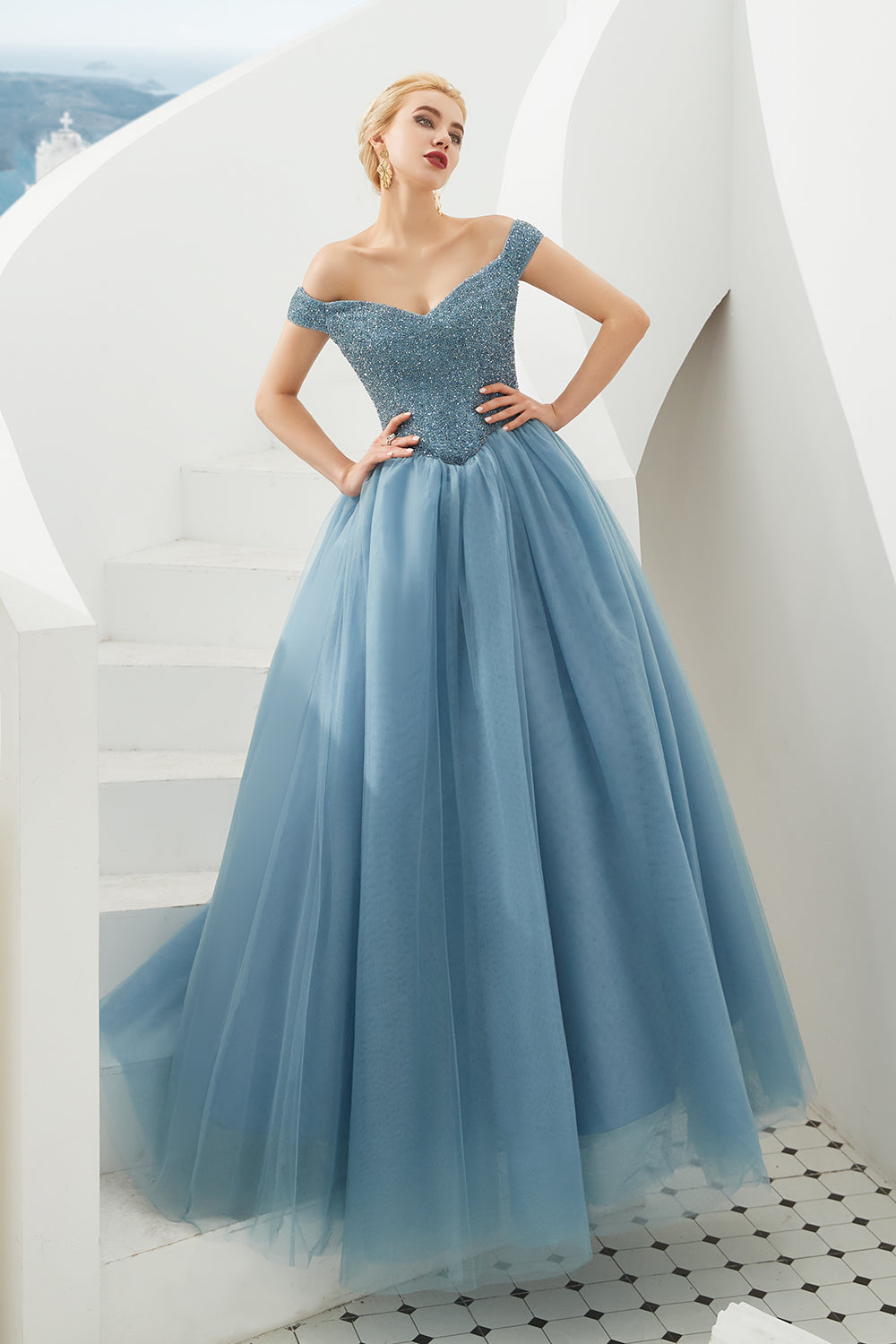 Long A-line Off the Shoulder Tulle Sequin Formal Dresses