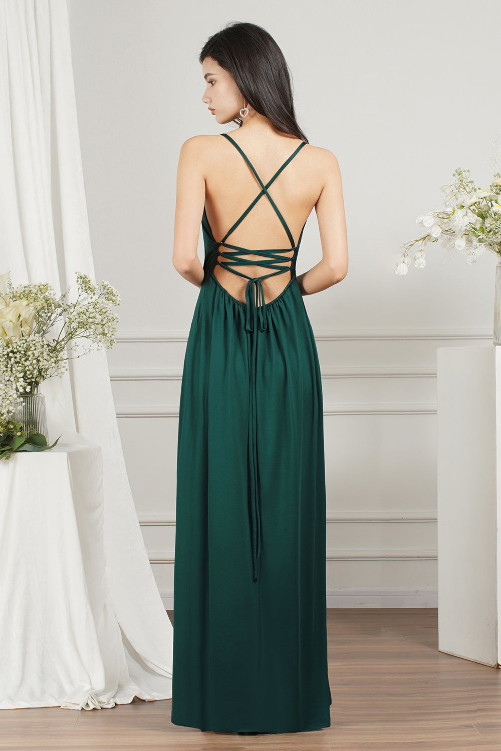 Simple A-line V-neck Backless Floor Length Formal Dress With Split