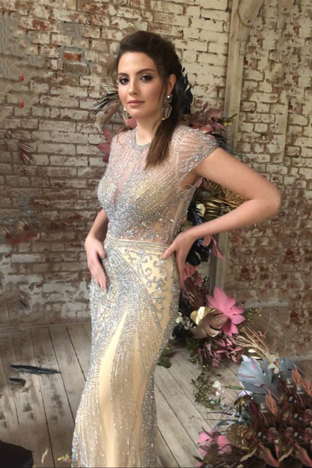 Long Mermaid Jewel Satin Beads Formal Evening Dresses