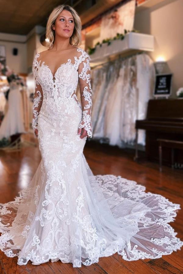 Long Mermaid Sweetheart Tulle Lace Long Sleeves Wedding Dress With Appliques
