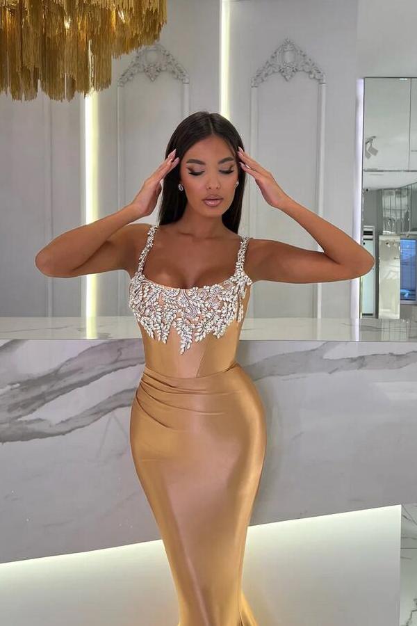 Champagne Long Mermaid Square Neckline Sequined Beading Prom Dresses
