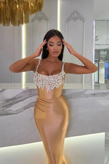 Champagne Long Mermaid Square Neckline Sequined Beading Prom Dresses