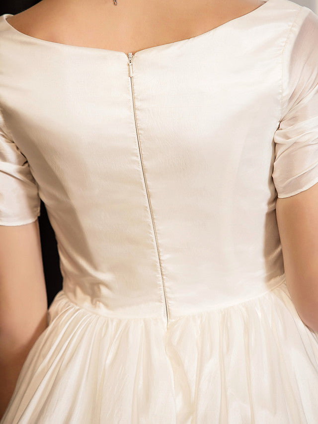 Short A-Line V Neck Tea Length Taffeta Wedding Dresses with Short Sleeve