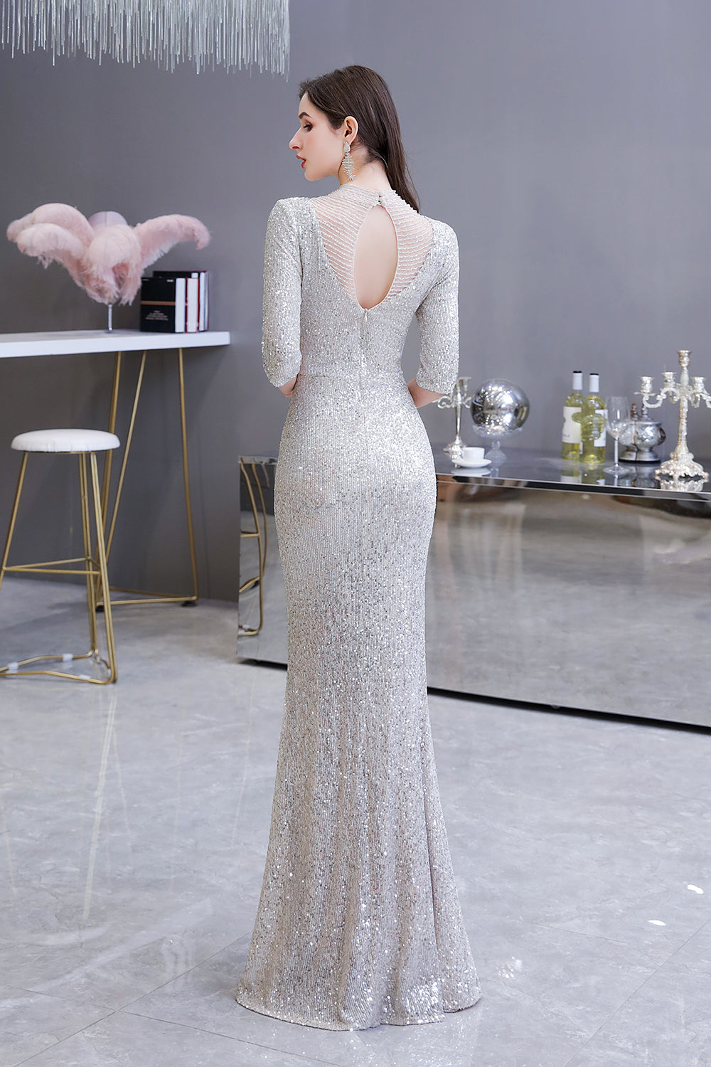 Gorgeous Silver Mermaid Long Formal Dresses with Sleeves