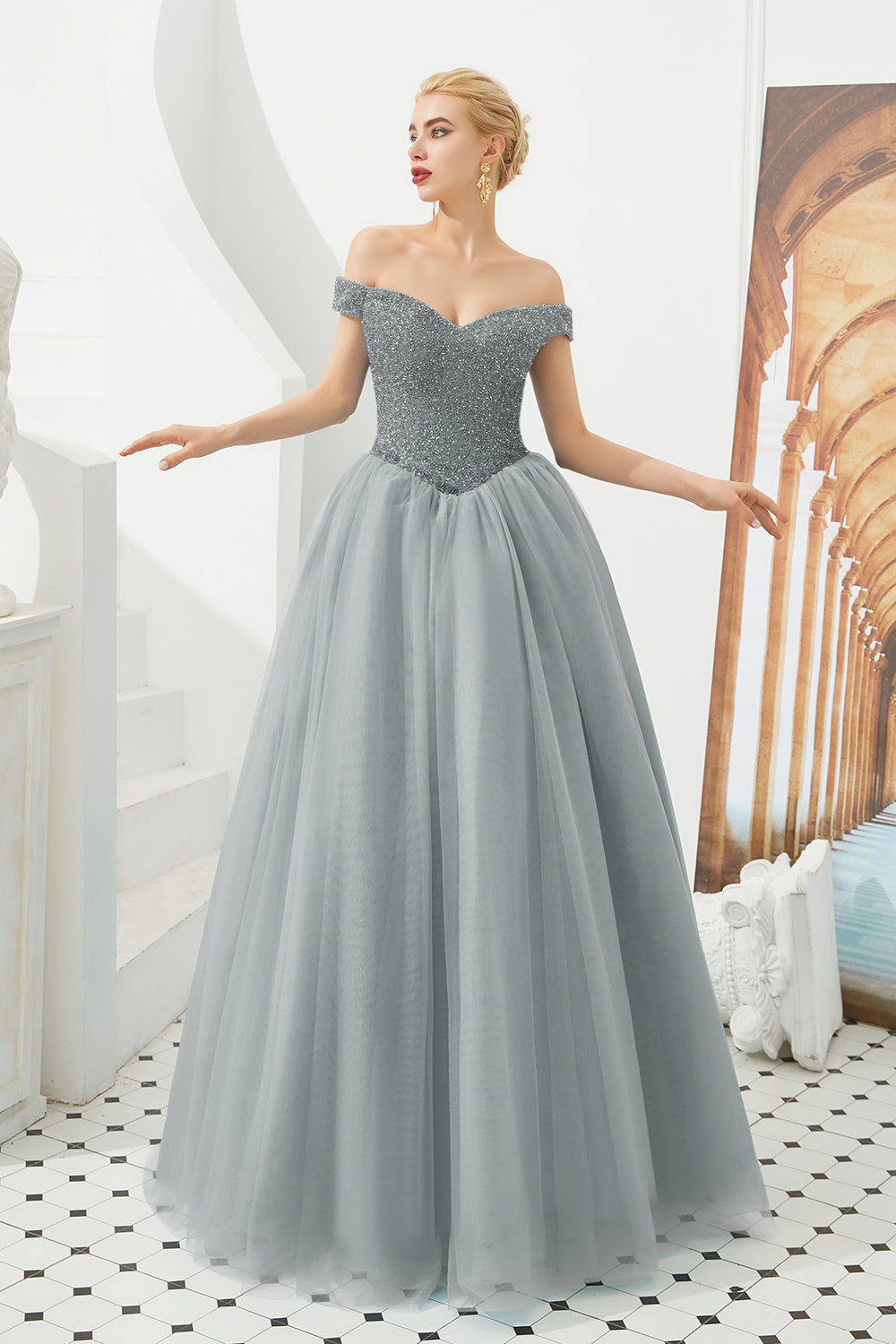 Long A-line Off the Shoulder Tulle Sequin Formal Dresses