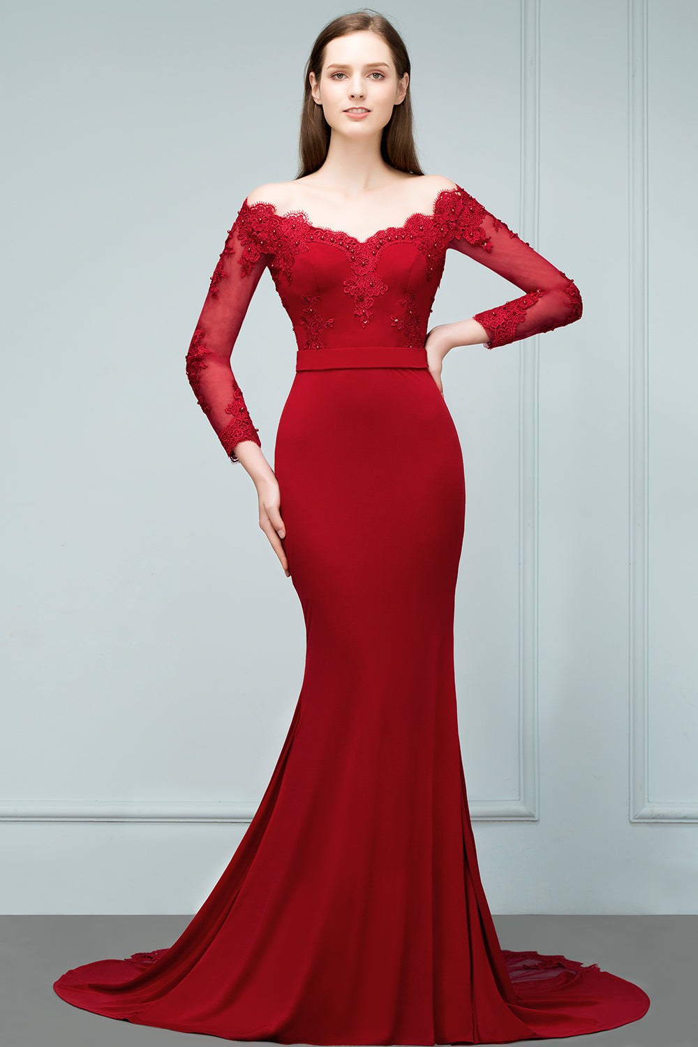 Long Off the Shoulder Satin Mermaid Evening Formal Dress with Sleeves