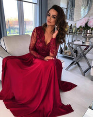 A-line V-neck Chiffon Lace Long Sleeves Prom Dress with Slit