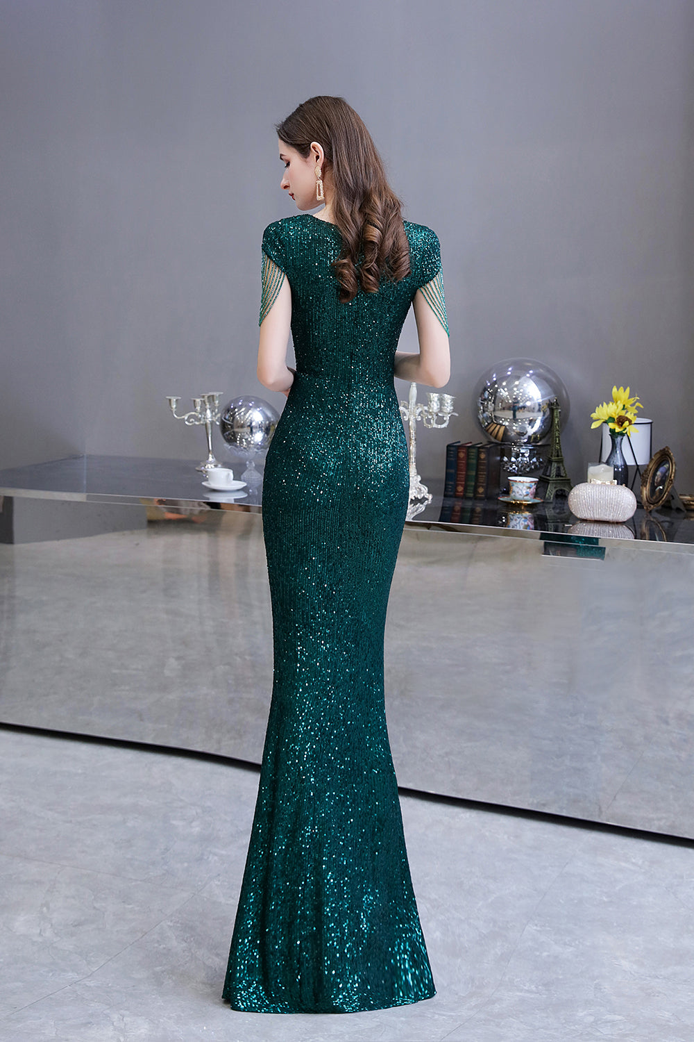 Elegant Mermaid Cap Sleeve Dark Green Sequins Long Formal Evening Dress