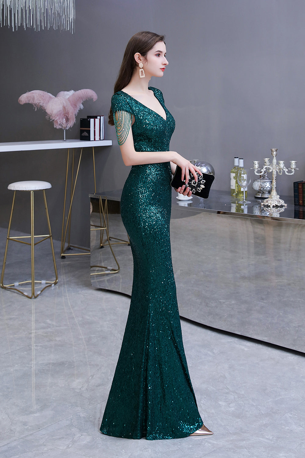 Elegant Mermaid Cap Sleeve Dark Green Sequins Long Formal Evening Dress