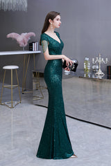 Elegant Mermaid Cap Sleeve Dark Green Sequins Long Formal Evening Dress