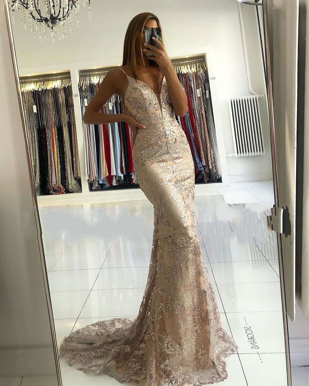 Long Sweetheart Spaghetti Straps Appliques Lace Floor Length Mermaid Prom Dress
