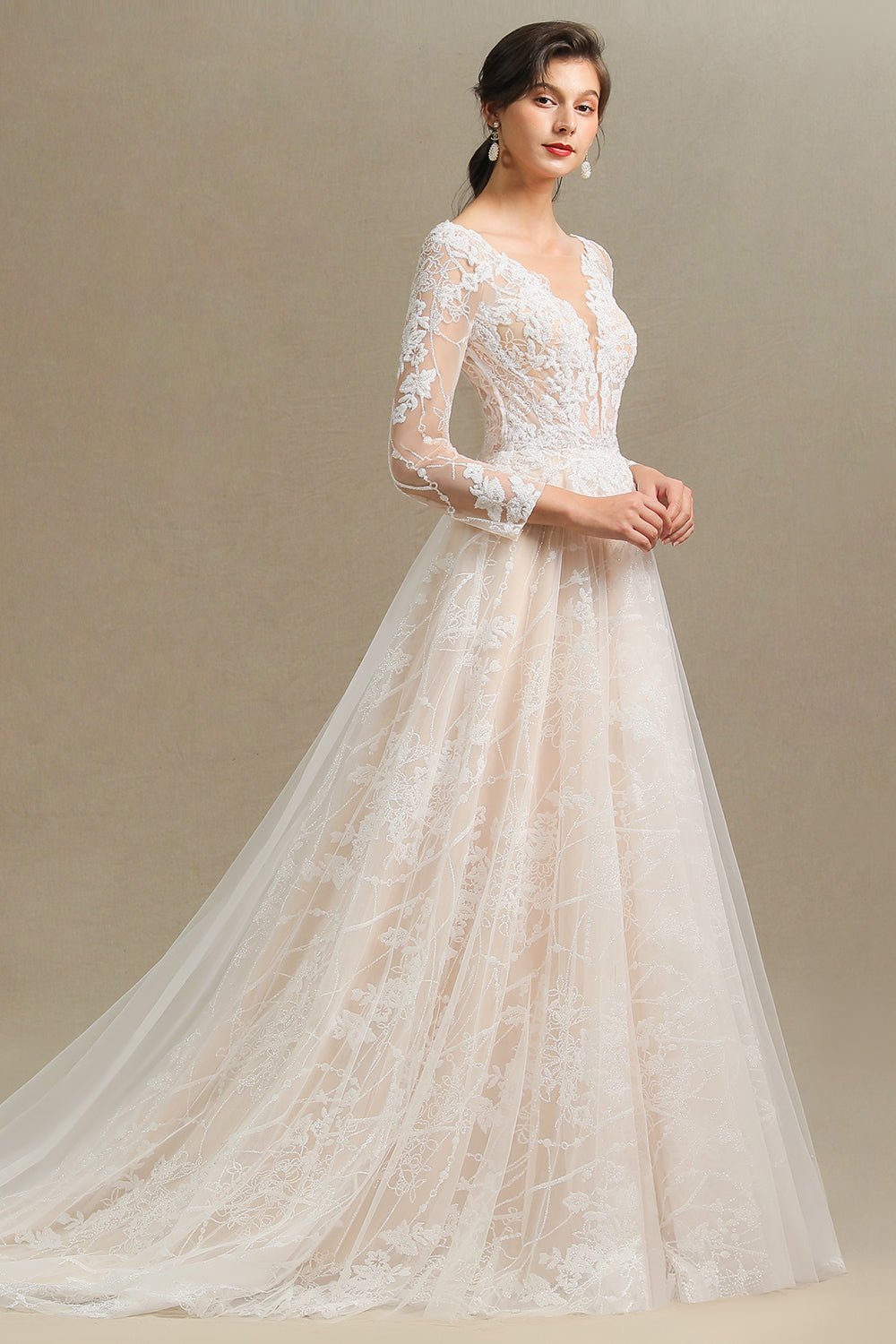 Long A-line V-neck Tulle Lace Wedding Dress with Sleeves
