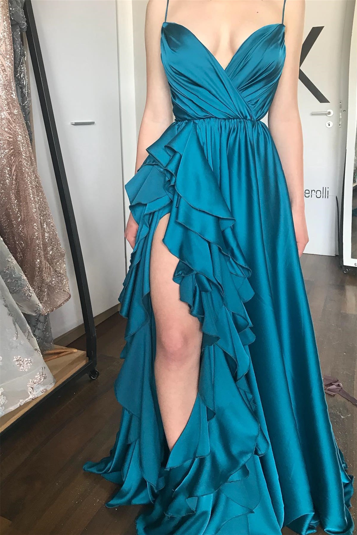 Long A-line Spaghetti Straps V-Neck Tiered Satin Prom Dress with Slit