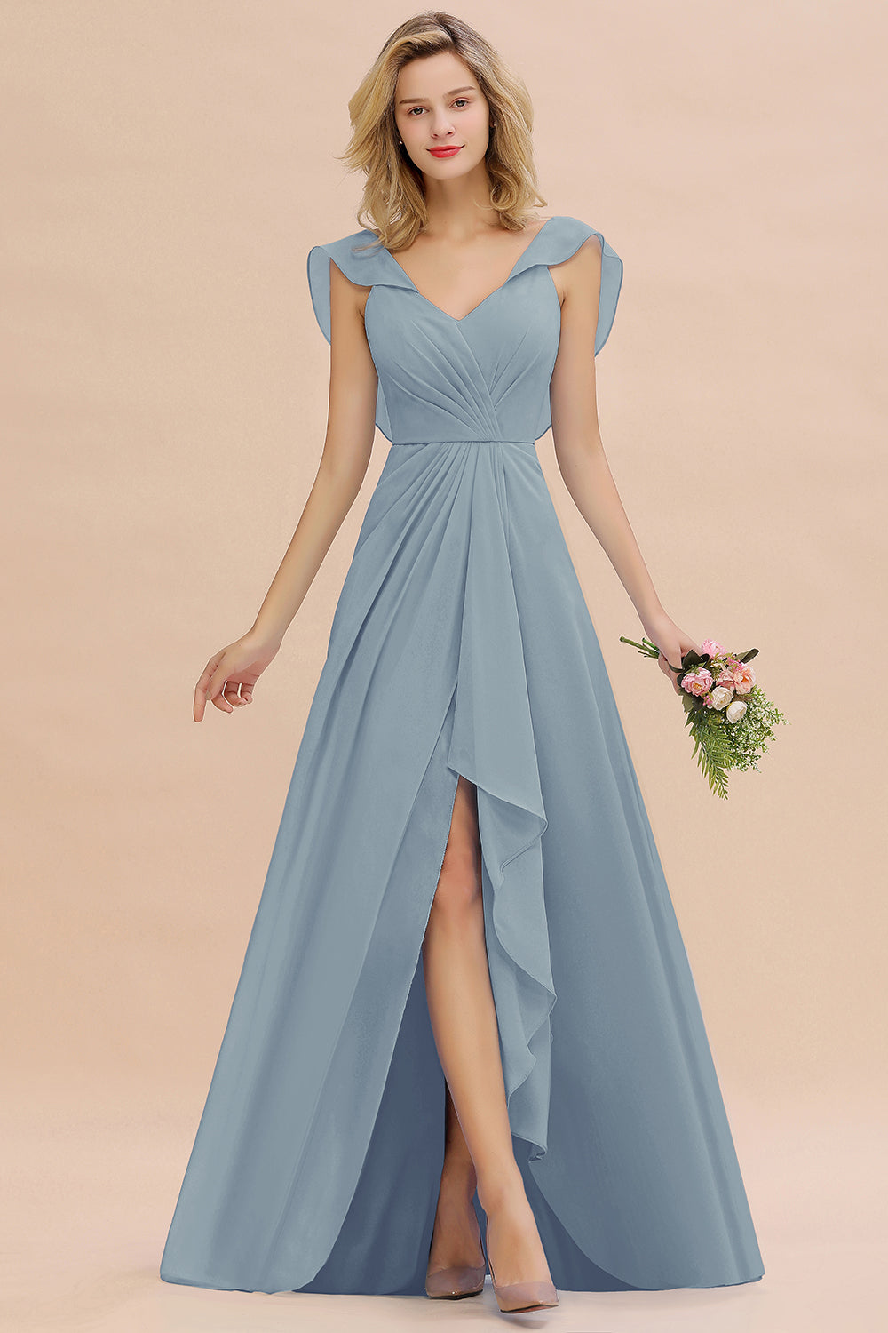 Simple High Low A-line V-Neck Ruffles Chiffon Bridesmaid Dress