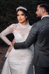 Long Sleeves High Neck Satin Lace Mermaid Wedding Dresses with Chapel Train