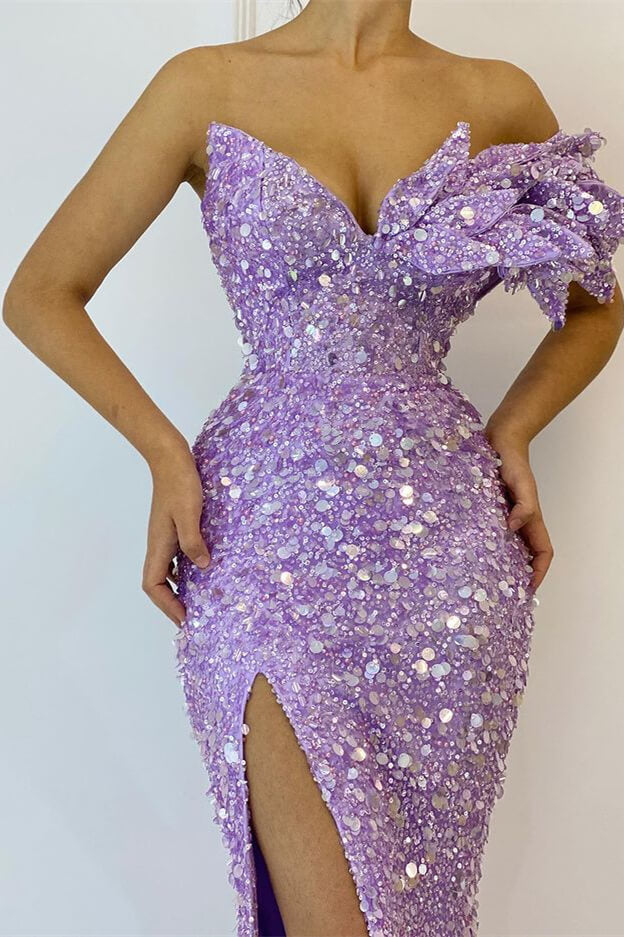 Lilac Long Mermaid Sequin One Shoulder Prom Dresses with Slit