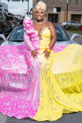 Long One Shoulder Mermaid Tulle Appliques Lace Plus Size Prom Dress