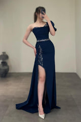 Black Long Mermaid One Shoulder Floor Length Split Front Satin Prom Dresses