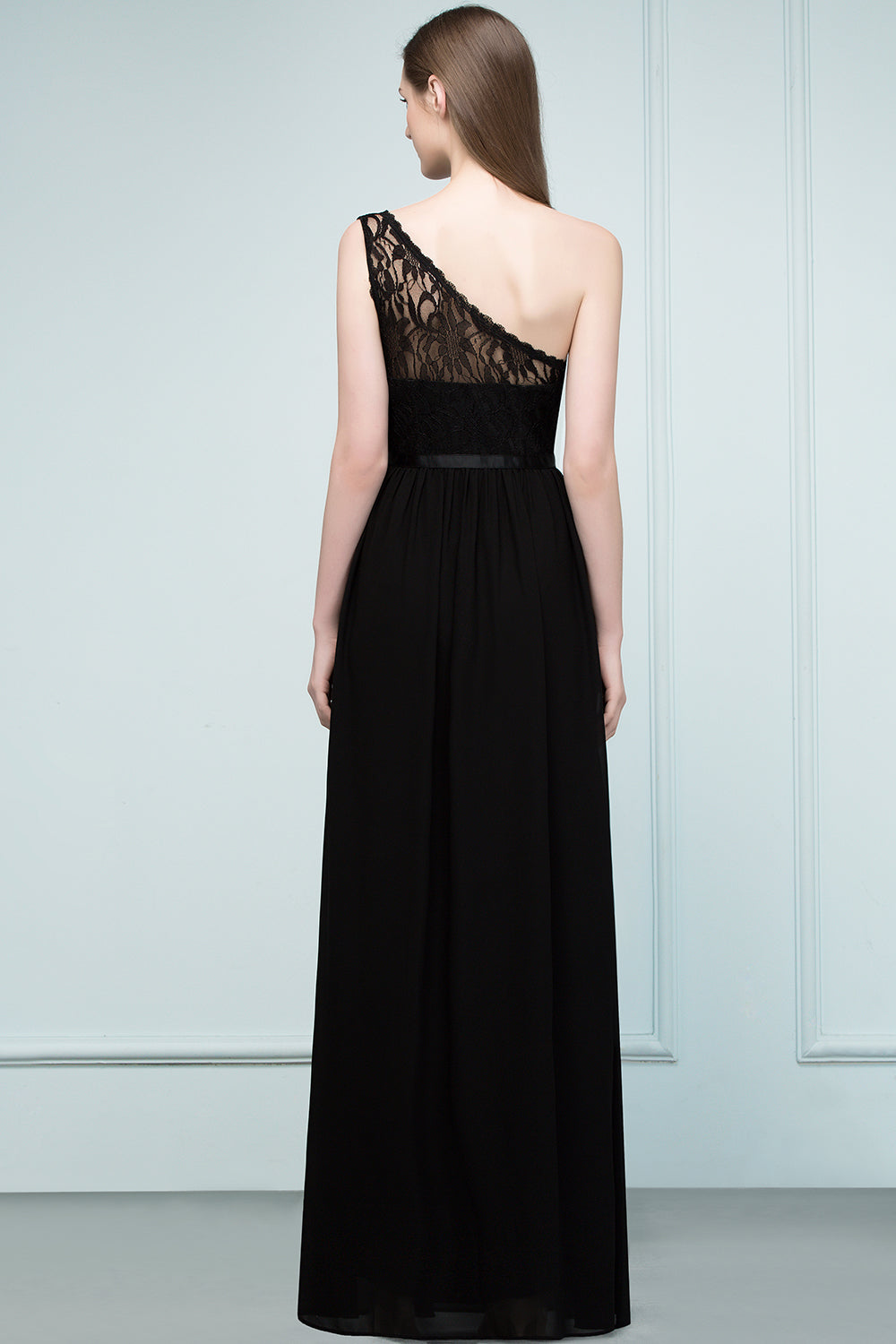 A-line One Shoulder Floor Length Lace Chiffon Bridesmaid Dresses with Sash