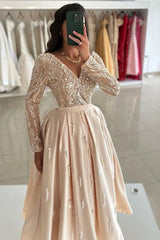 V Neck A Line Short Beaded Party Dress with Long Sleeves