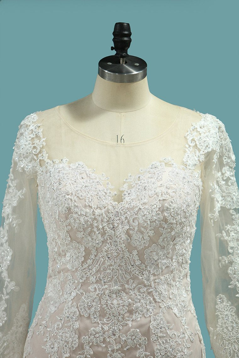 Plus Size Long Sleeve Bateau Floor Length Mermaid Wedding Dress With Appliques Lace