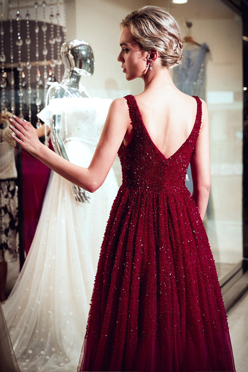 A-line V-neck Sleeveless Burgundy Sequins Tulle Long Evening Dresses
